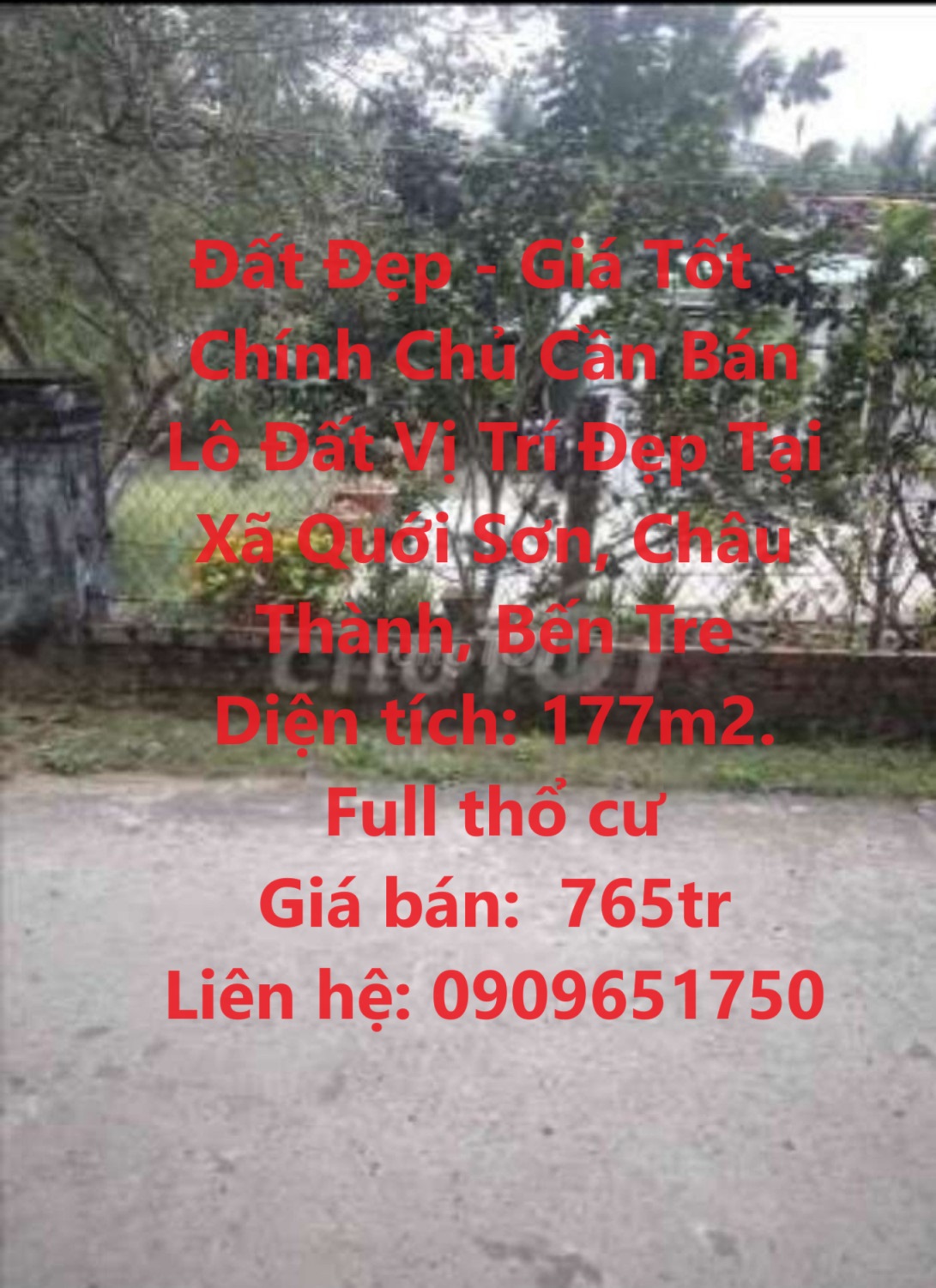 Đất Đẹp - Giá Tốt - Chính Chủ Cần Bán Lô Đất Vị Trí Đẹp Tại Xã Quới Sơn, Châu Thành, Bến Tre