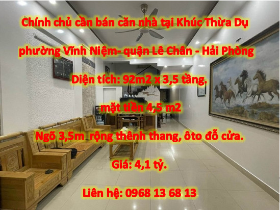 Chính chủ cần bán căn nhà tại Khúc Thừa Dụ, phường Vĩnh Niệm, quận Lê Chân, Hải Phòng.