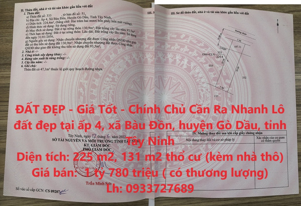 ĐẤT ĐẸP - Giá Tốt - Chính Chủ Cần Ra Nhanh Lô đất đẹp tại huyện Gò Dầu, tỉnh Tây Ninh