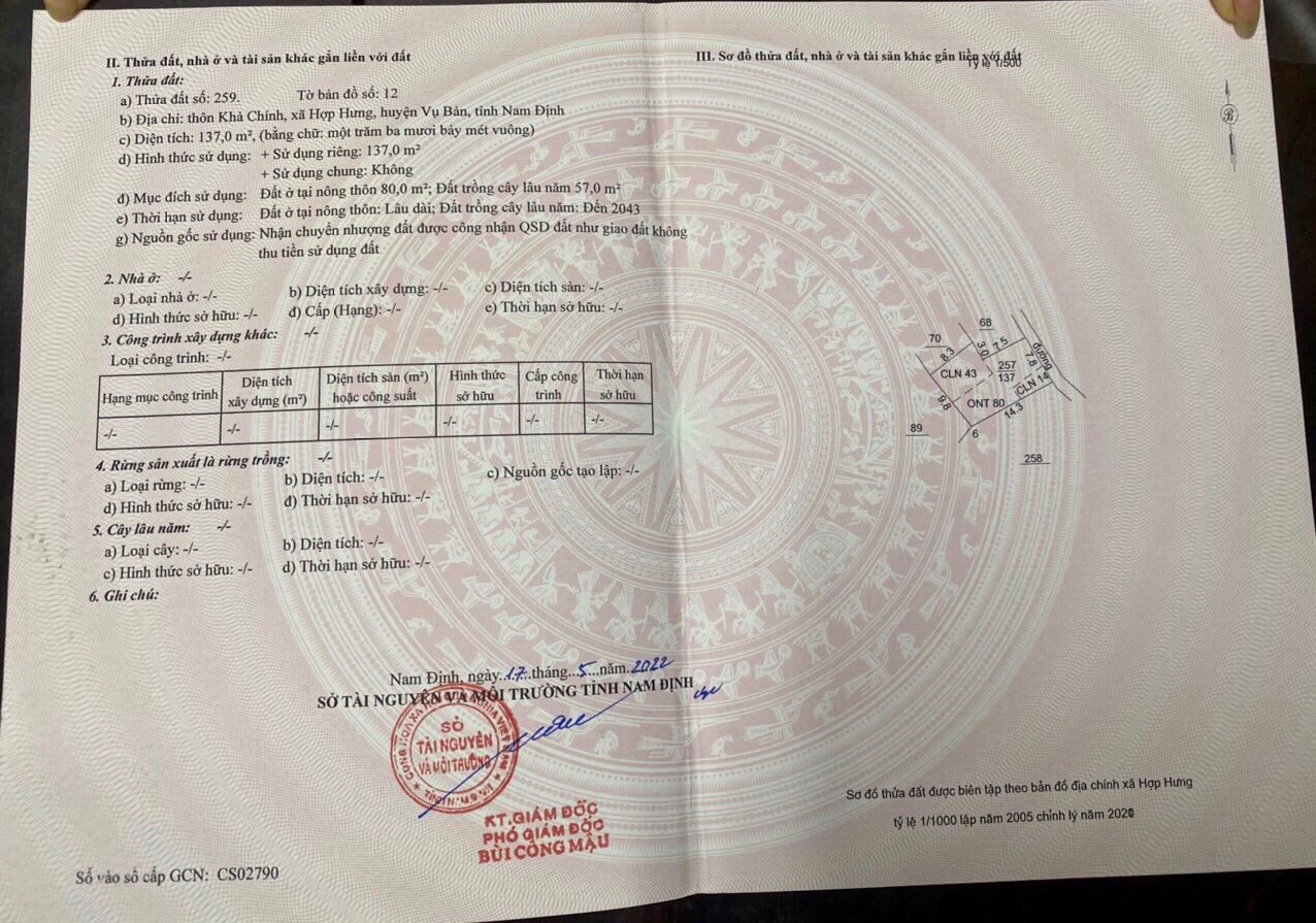 Chính chủ cần bán gấp lô đất ở Thôn Khả Chính, xã Hợp Hưng, Vụ Bản, Nam Định.