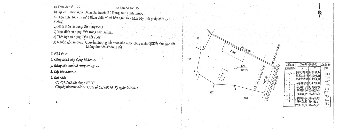Cần bán mảnh đất nông nghiệp tại Thôn 4, xã Đăng Hà, Huyện Bù Đăng, Tỉnh Bình Phước.
