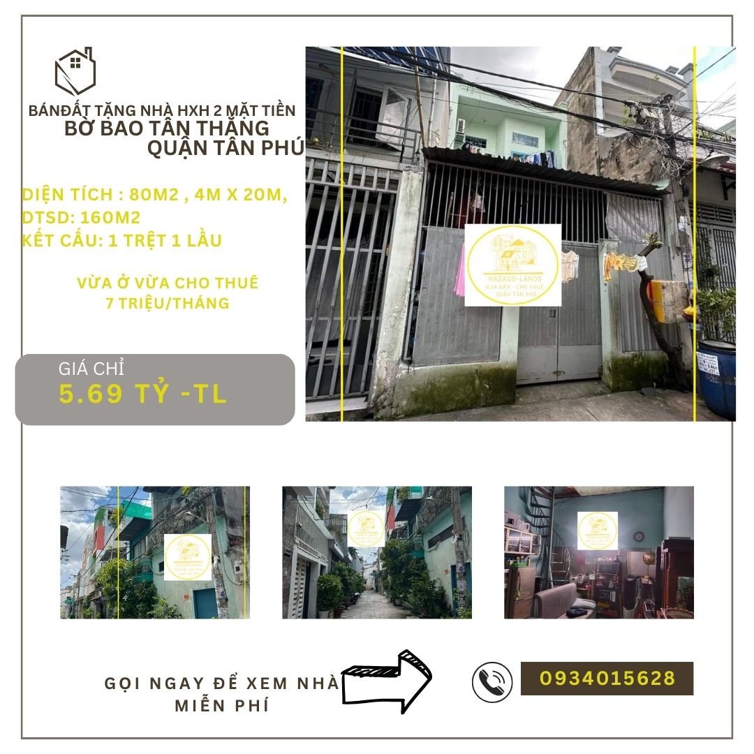 HIẾM Bán Đất Tặng NHÀ HXH 2 Mặt Tiền Bờ Bao Tân Thắng 80m2, 5.69 tỷ
