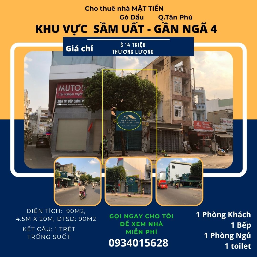 Cho thuê nhà Mặt Tiền Gò Dầu 90m2, 14 triệu
