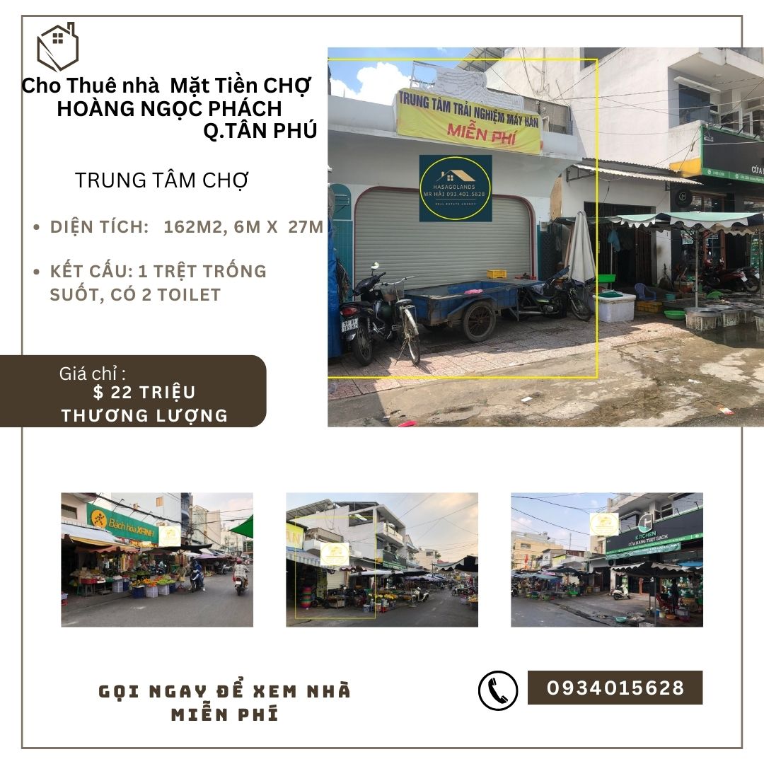 Cho thuê nhà Mặt Tiền Chợ Tân Phú 162m2, 22Triệu, NGANG 6M
