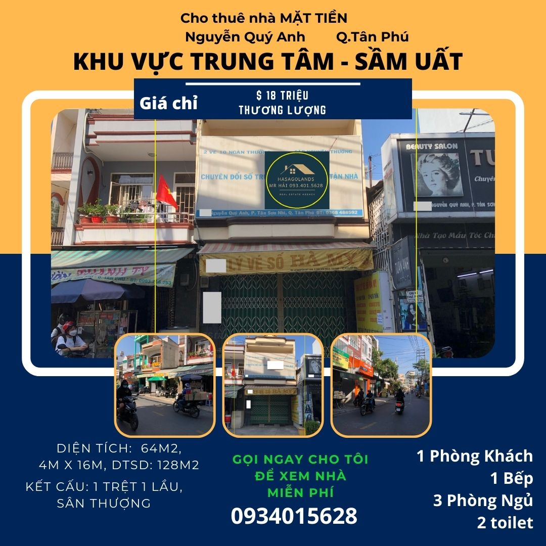Cho thuê nhà Mặt Tiền Nguyễn Quý Anh 64m2, 1LẦU, 18 triệu