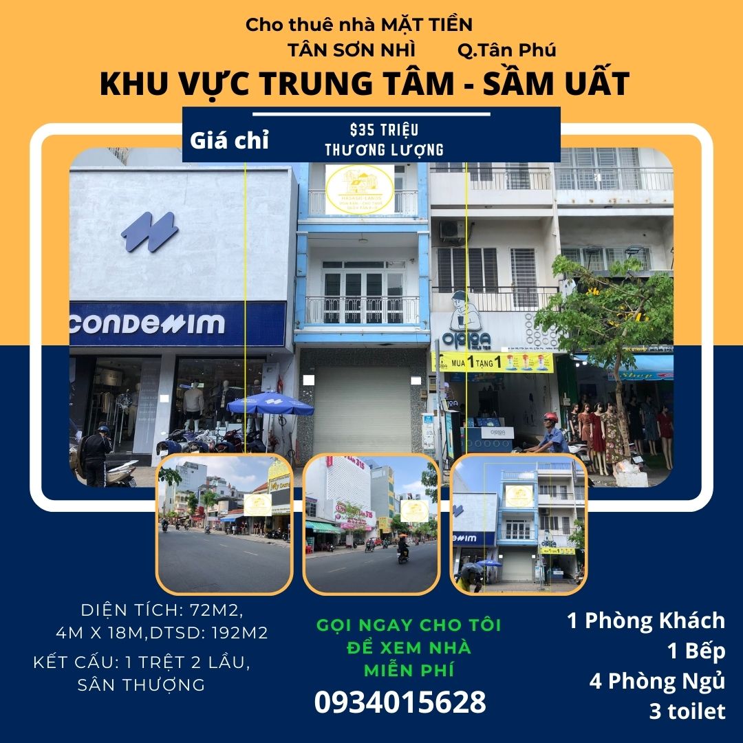 Cho thuê nhà Mặt Tiền Tân Sơn Nhì 72m2, 2LẦU, 35Triệu