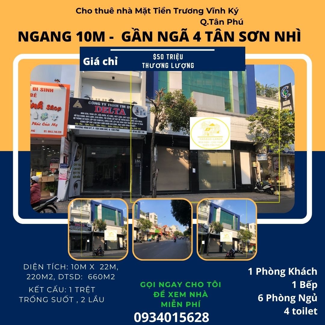 Cho thuê nhà Mặt Tiền Trương Vĩnh Ký 220m2, 2Lầu,50 triệu, NGANG 10M