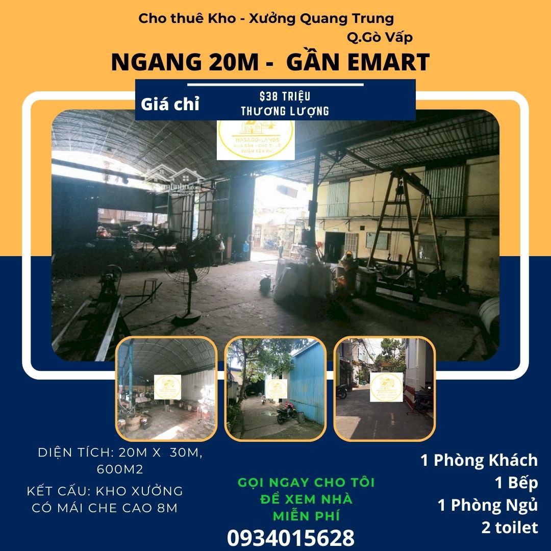 Cho thuê XƯỞNG Quang Trung 600m2 , NGANG 20M, 38 triệu