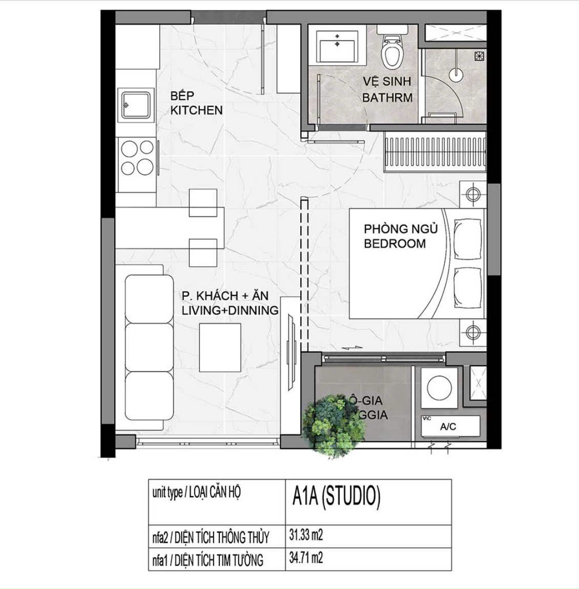 Căn hộ Studio (sở hữu lâu dài) - Diện tích 34.71m2 View hồ bơi
