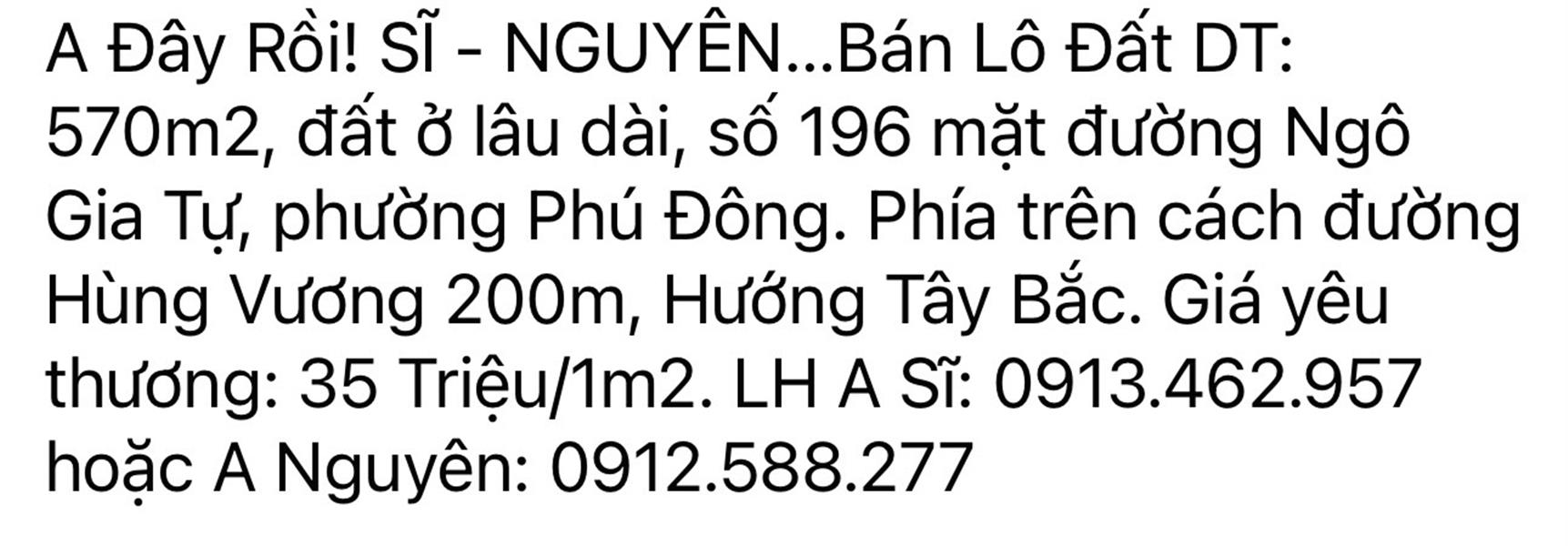 CHÍNH CHỦ Cần Bán LÔ ĐẤT Vị Trí Đẹp Tại 196 Ngô Gia Tự, P Phú Đông, TP Tuy Hoà tỉnh Phú Yên.