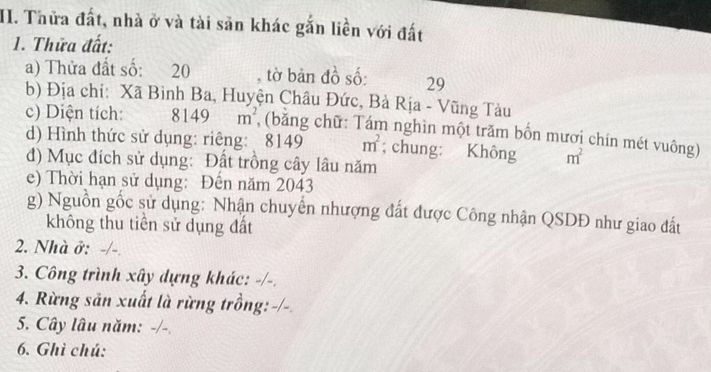 cần bán nhanh lô đất trồng cây lâu năm tại Bình BA Châu Đức , Bà Rịa Vũng Tàu
