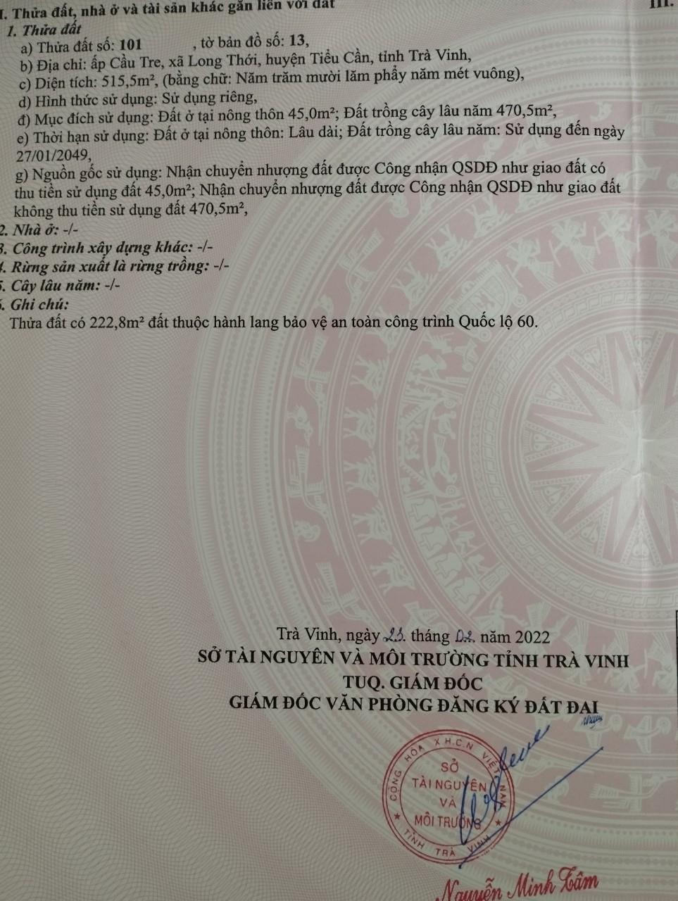 CHÍNH CHỦ Cần Bán LÔ ĐẤT Tại Ấp Cầu Tre,, Long Thới, Tiểu Cần, Trà Vinh