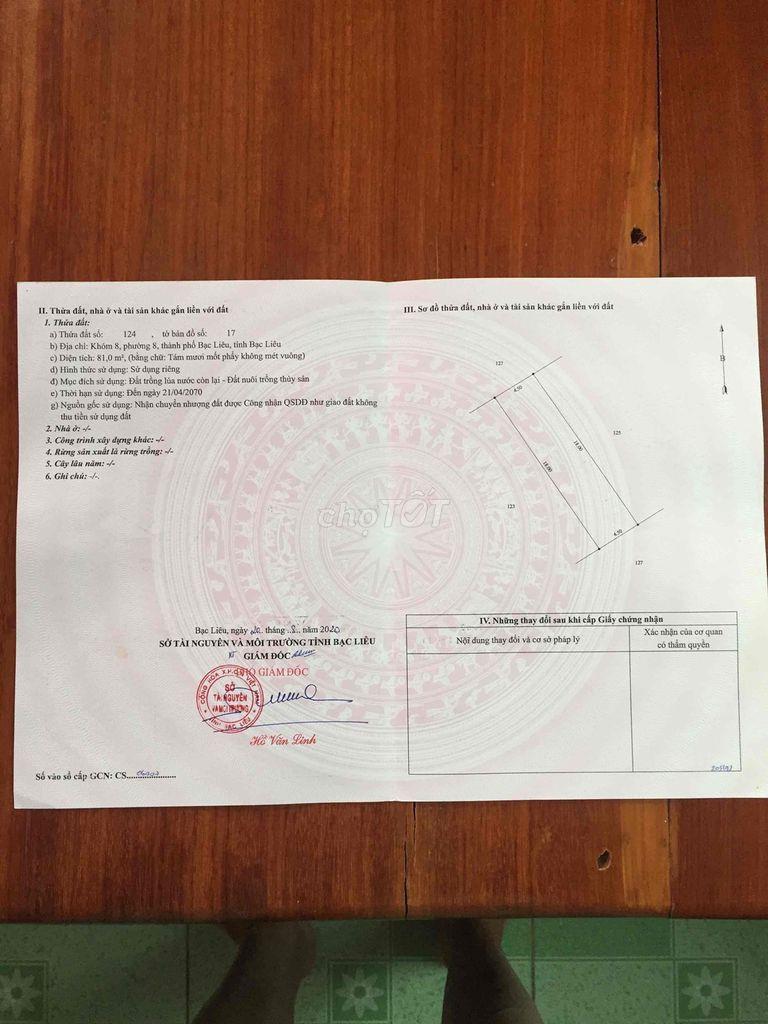 CHÍNH CHỦ - CẦN BÁN LÔ ĐẤT VỊ TRÍ ĐẸP Tại Khóm 8, Phường 8, TP Bạc Liêu