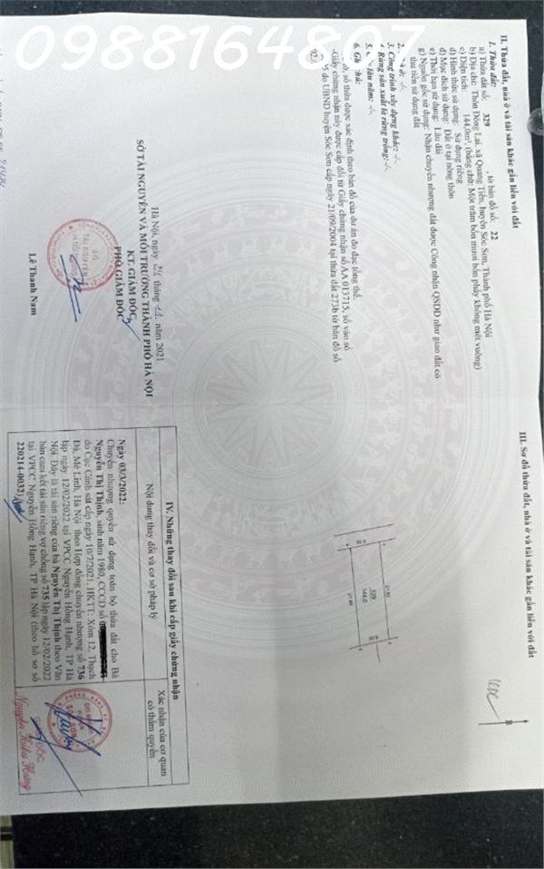 Chính chủ sẵn sổ cần chuyển nhượng mảnh đất full thổ cư 144 m2 tại Đông lai Quang Tiến Sóc Sơn Hà Nội.