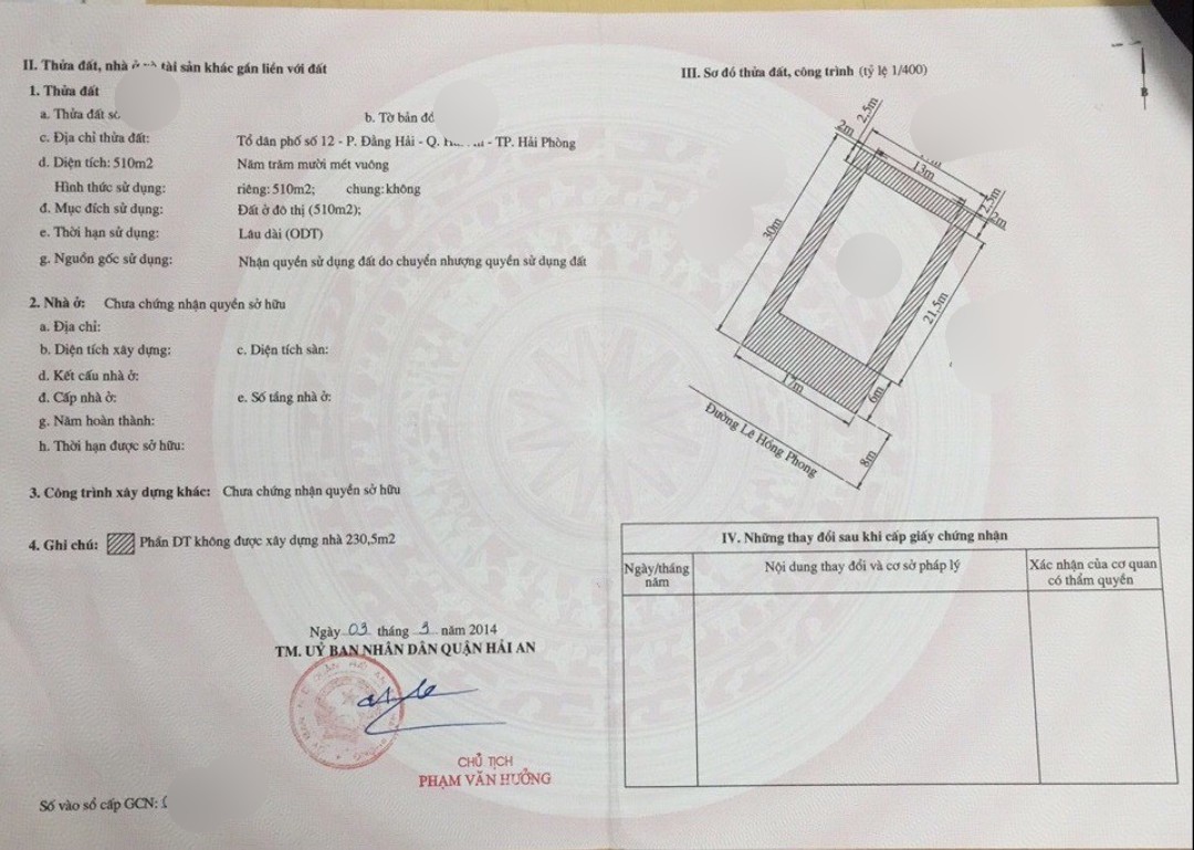 Bán lô đất mặt đường Lê Hồng Phong Diện tích 510M ngang 17M giá 140tr có tt Hải An HP