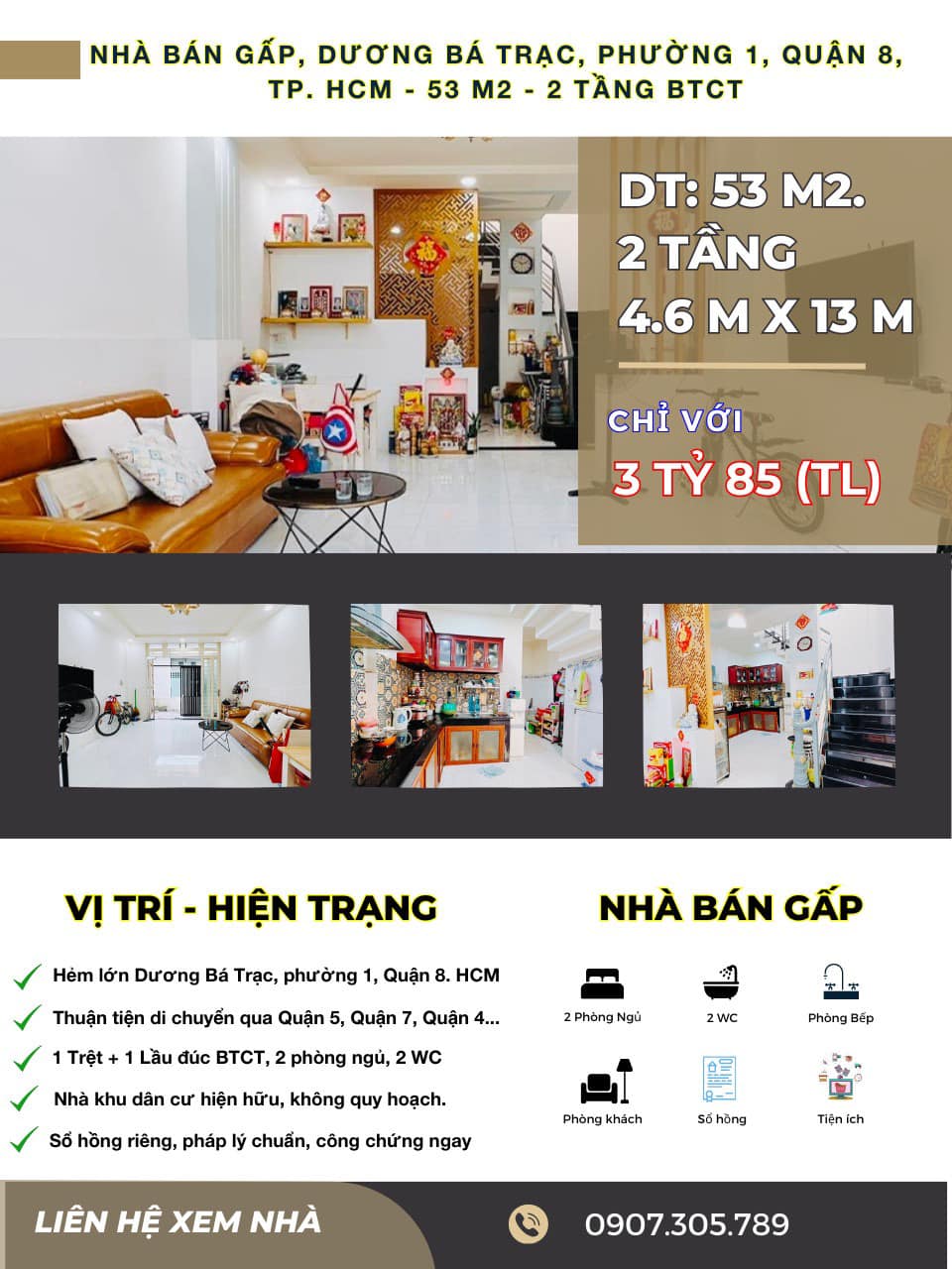 Nhà bán gấp, mặt tiền hẻm Dương Bá Trạc, Phường 1, Quận 8, 53 m2, 2 tầng, Nhỉnh 3 Tỷ.