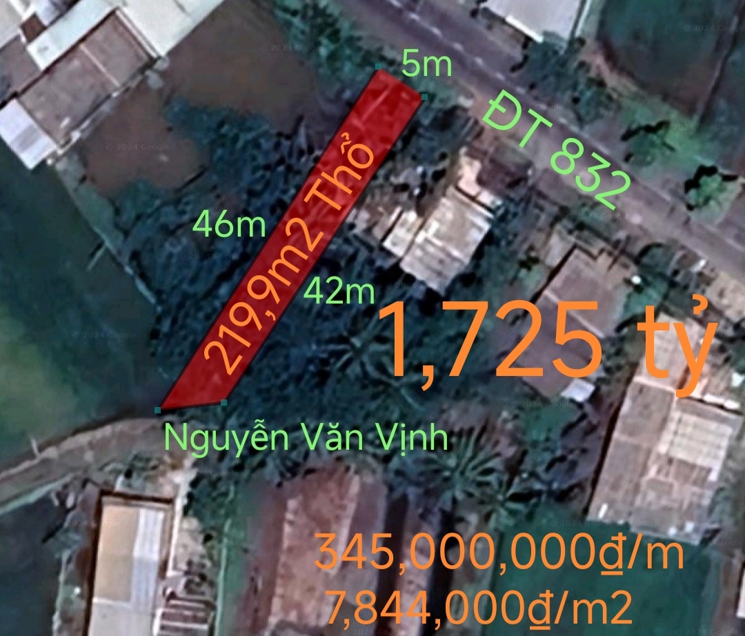Bán lô đất thổ hai mặt tiền tỉnh lộ 832 giá 1,725 tỷ