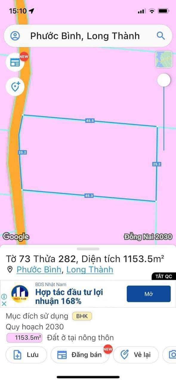 Bán 1150m2 đất vườn tại xã Phước Bình, Huyện Long Thành - Giáp ranh Thị Xã Phú Mỹ