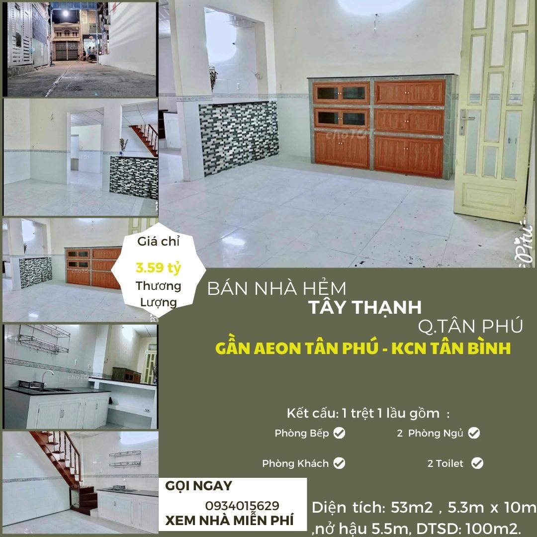 Bán nhà hẻm Tây Thạnh 48m2, 1LẦU, 3.59 tỷ gần AEON