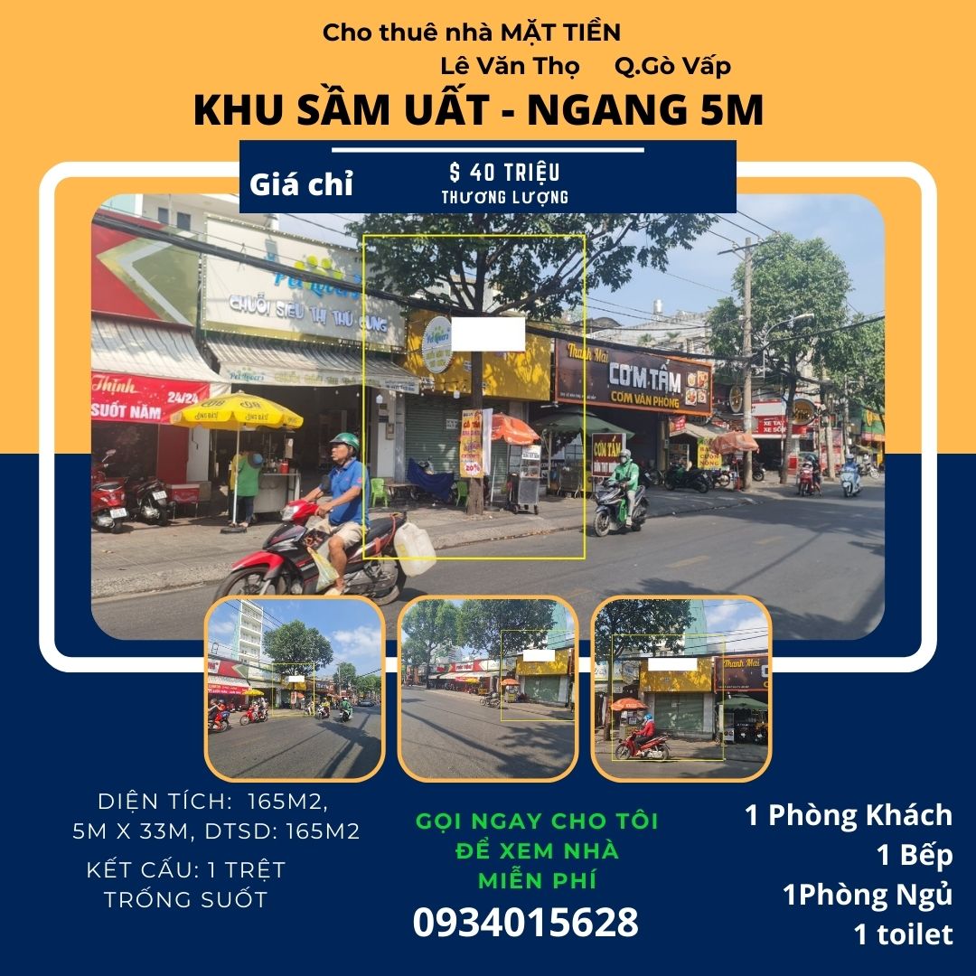 Cho thuê nhà Mặt Tiền Lê Văn Thọ 165m2, 40 triệu, khu SẦM UẤT