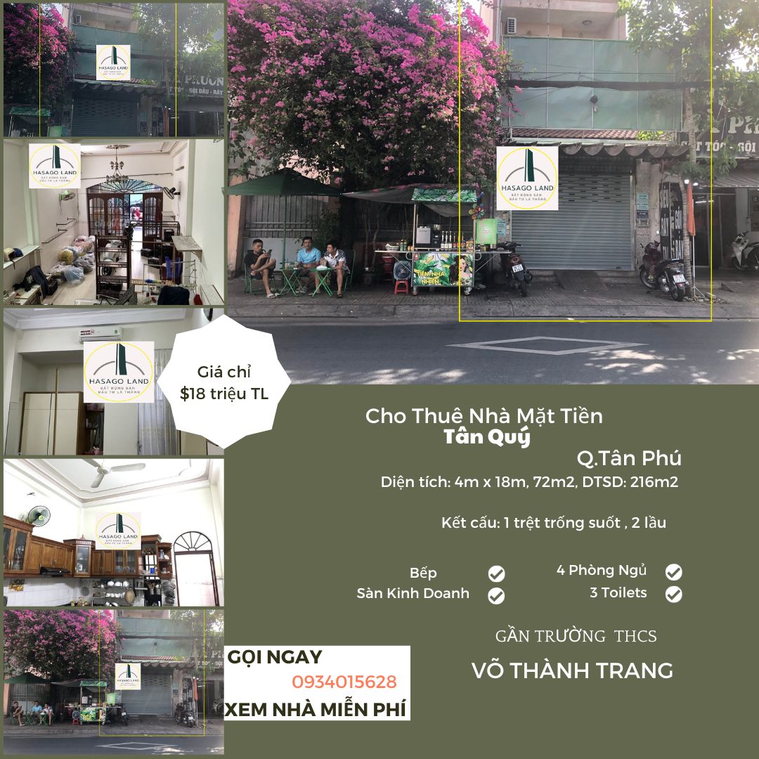 Cho thuê Nhà Mặt Tiền Tân Quý 72m2, 2Lầu, 18 triệu