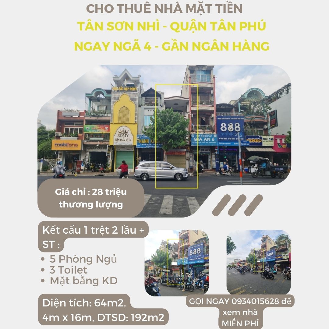 Cho thuê nhà Mặt Tiền Tân Sơn Nhì 64m2, 2Lầu, 28 triệu- NGAY NGÃ 4