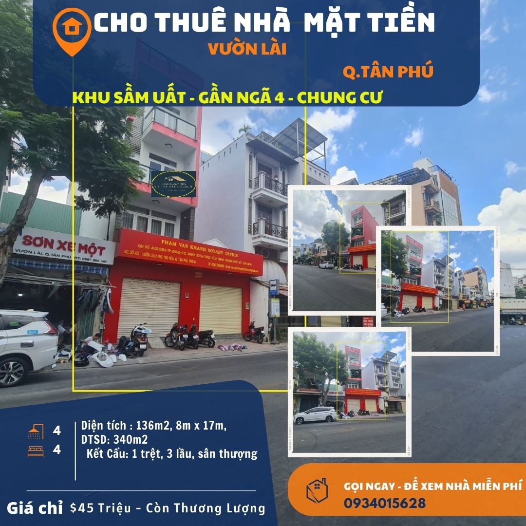 Cho thuê nhà Mặt Tiền Vườn Lài 136m2, 2 LẦU - NGANG 8M