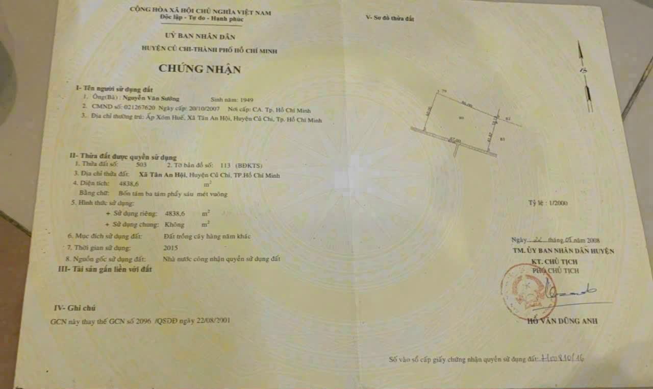 Cần bán gấp lô đất tổng DT 4838.6 m² ở xã Tân An Hội huyện Củ Chi -TPHCM