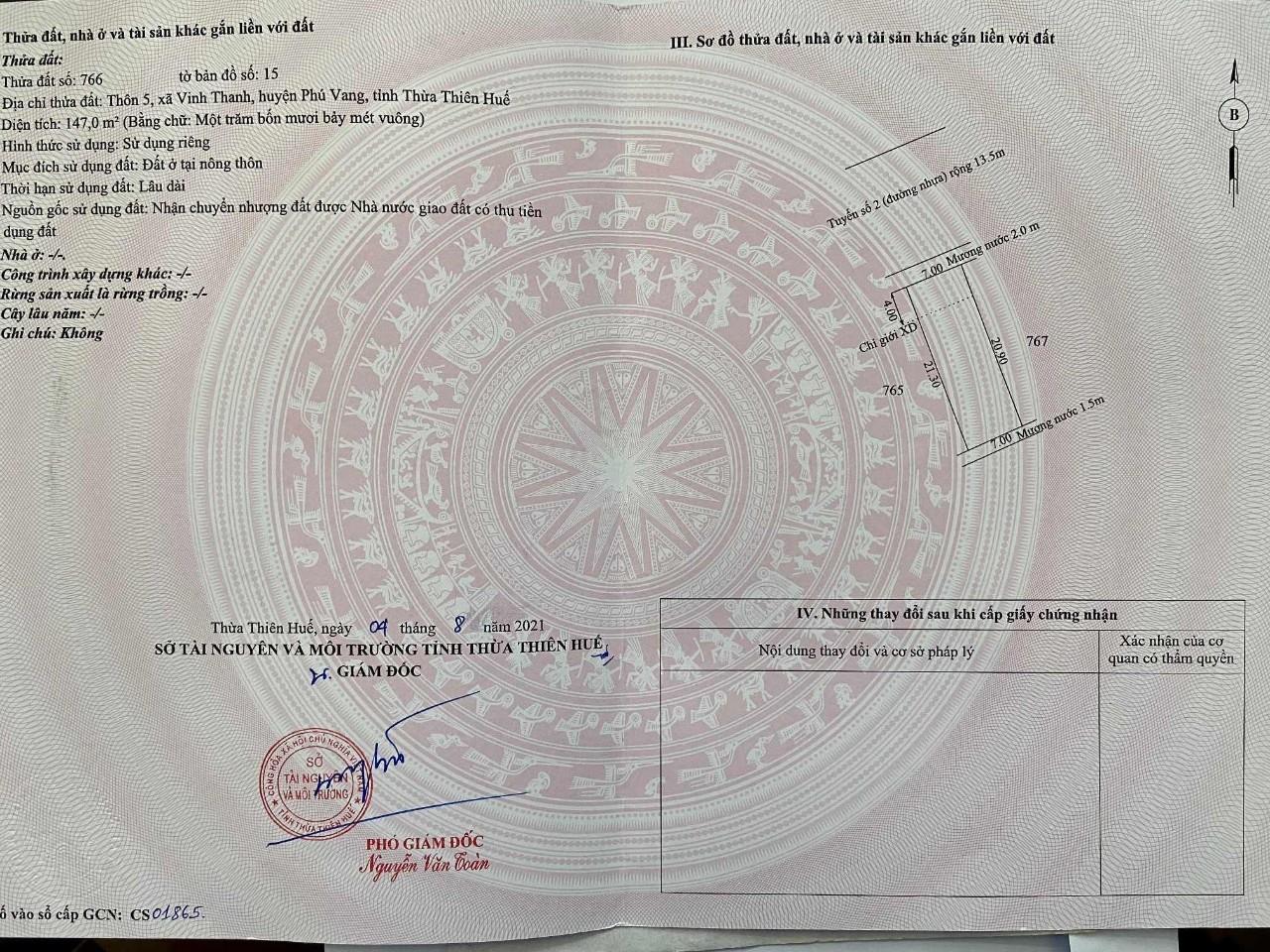 CHÍNH CHỦ CẦN BÁN LÔ ĐẤT ĐẸP TẠI xã Vinh Thanh, huyện Phú Vang, tỉnh Thừa Thiên Huế