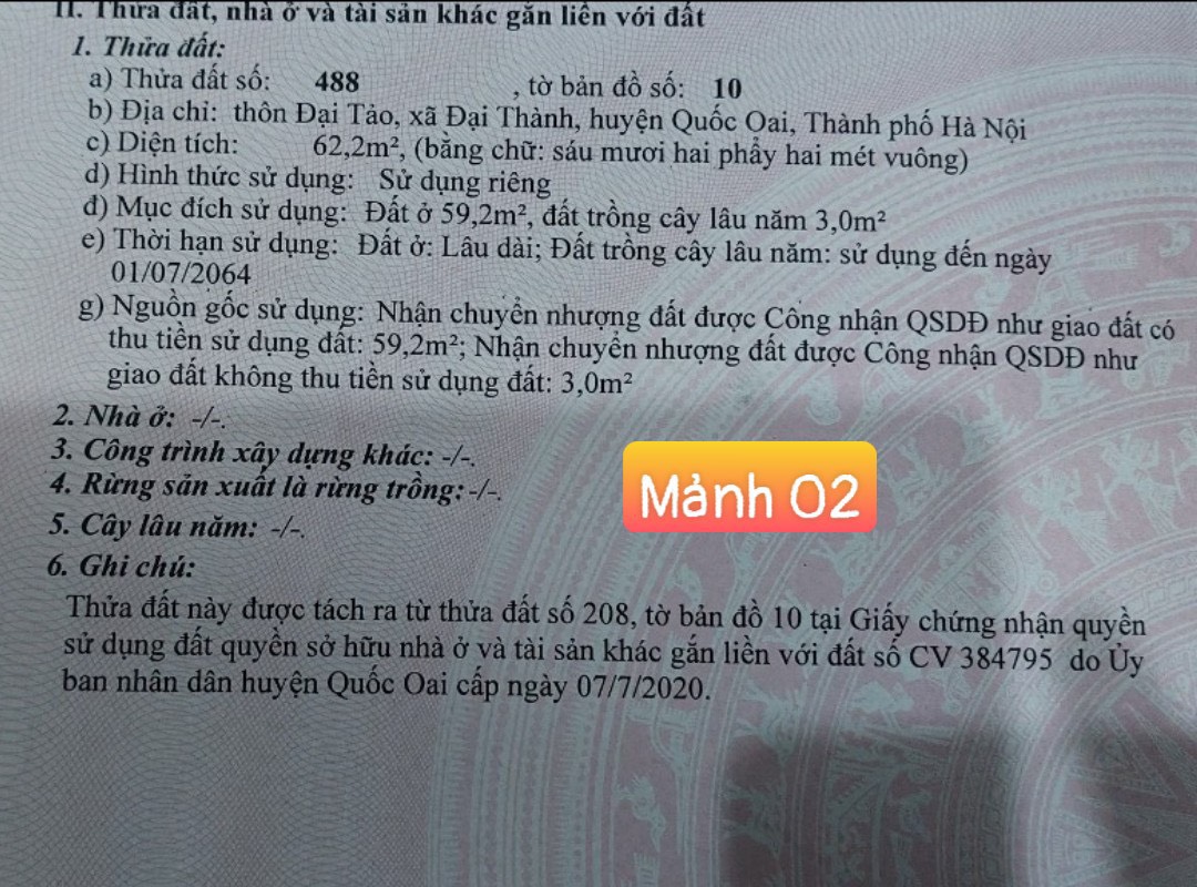 CHÍNH CHỦ CẦN BÁN ĐẤT TẠI THÔN ĐẠI TẢO, XÃ ĐẠI THÀNH, HUYỆN QUỐC OAI, TP.HÀ NỘI
