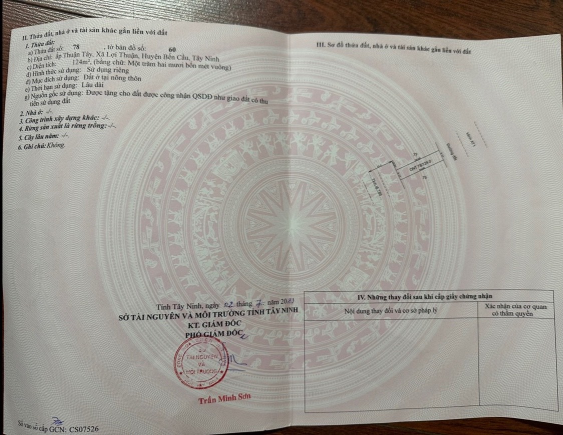 Bán 124m2 đất mặt đường,đối diện cửa khẩu Mộc Bài mở rộng huyện Bến Cầu,Tây Ninh.SĐCC