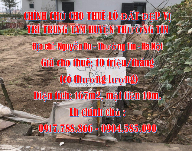CHÍNH CHỦ CHO THUÊ LÔ ĐẤT ĐẸP VỊ TRÍ TRUNG TÂM HUYỆN THƯỜNG TÍN