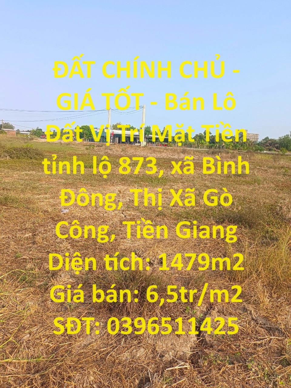 ĐẤT CHÍNH CHỦ - GIÁ TỐT - Bán Lô Đất Vị Trí Mặt Tiền tỉnh lộ 873, xã Bình Đông, Thị Xã Gò Công, Tiền Giang