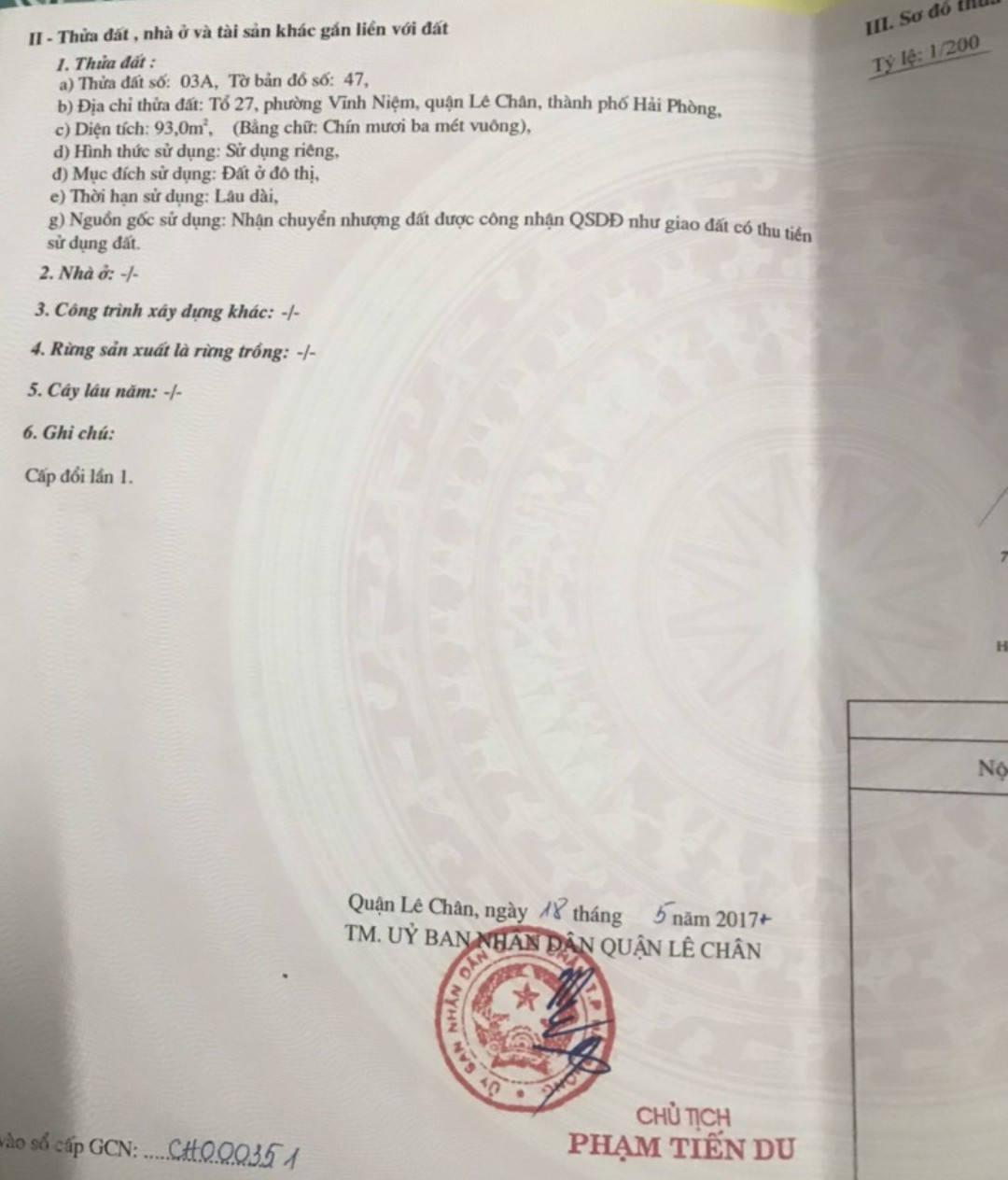 Bán đất mặt đường Vĩnh Tiến 1 - Lê Chân diện tích 93m GIÁ 5 tỉ cực kỳ đẹp