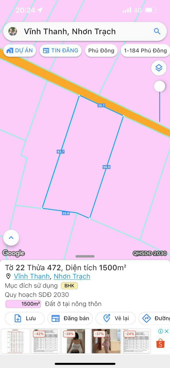 Bán đất vườn Nhơn Trạch DT 1500 M2 xã Vĩnh Thanh Nhơn Trạch