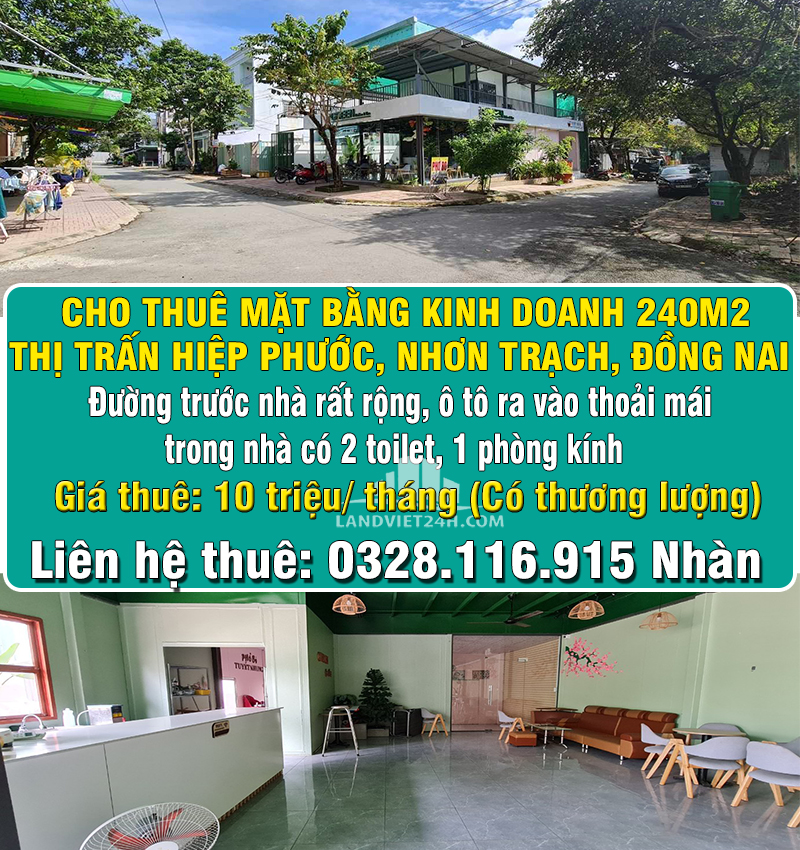 CHO THUÊ MẶT BẰNG KINH DOANH 240M2 THỊ TRẤN HIỆP PHƯỚC, NHƠN TRẠCH, ĐỒNG NAI