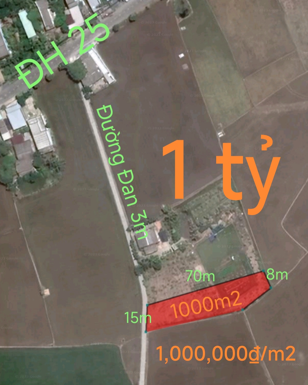 Bán lô đất lúa mặt tiền đường đan 3m giá 1 tỷ