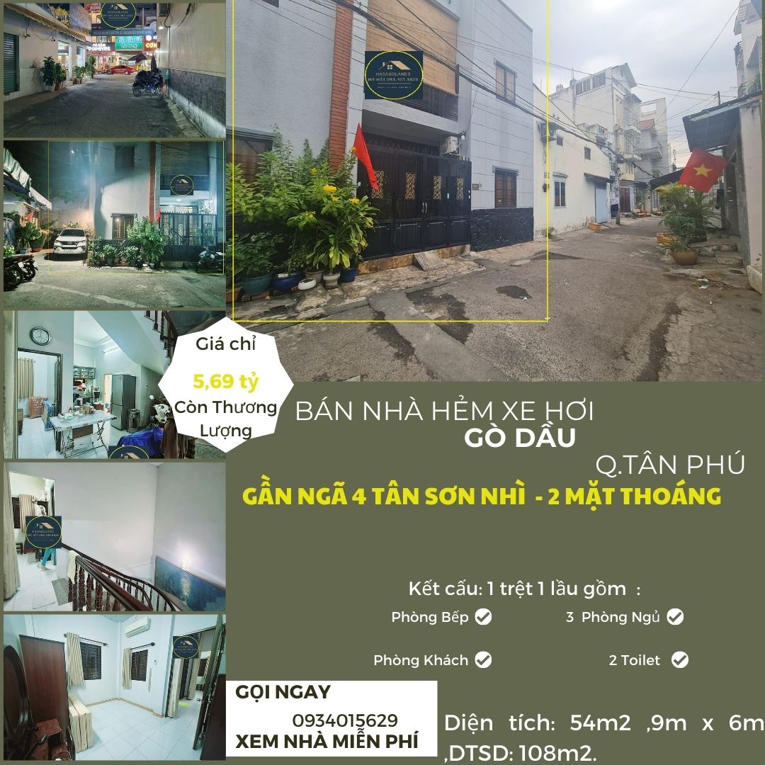Bán nhà HXH 2 Mặt Tiền Gò Dầu, 54m2, 1LẦU, 5.69tỷ, NGANG 9M - CỰC HIẾM