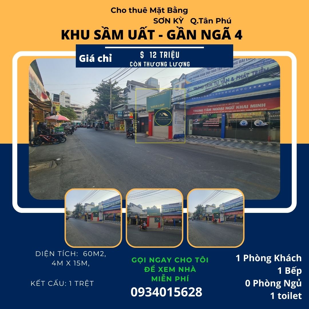 Cho thuê Mặt Bằng Sơn Kỳ 60m2, 12 triệu, cạnh trường học