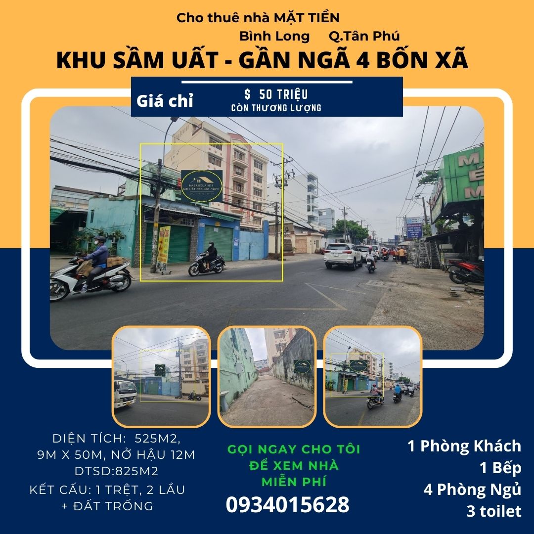 Cho thuê nhà Mặt Tiền Bình Long 525m2, 50tr,Gần ngã 4 BỐN XÃ