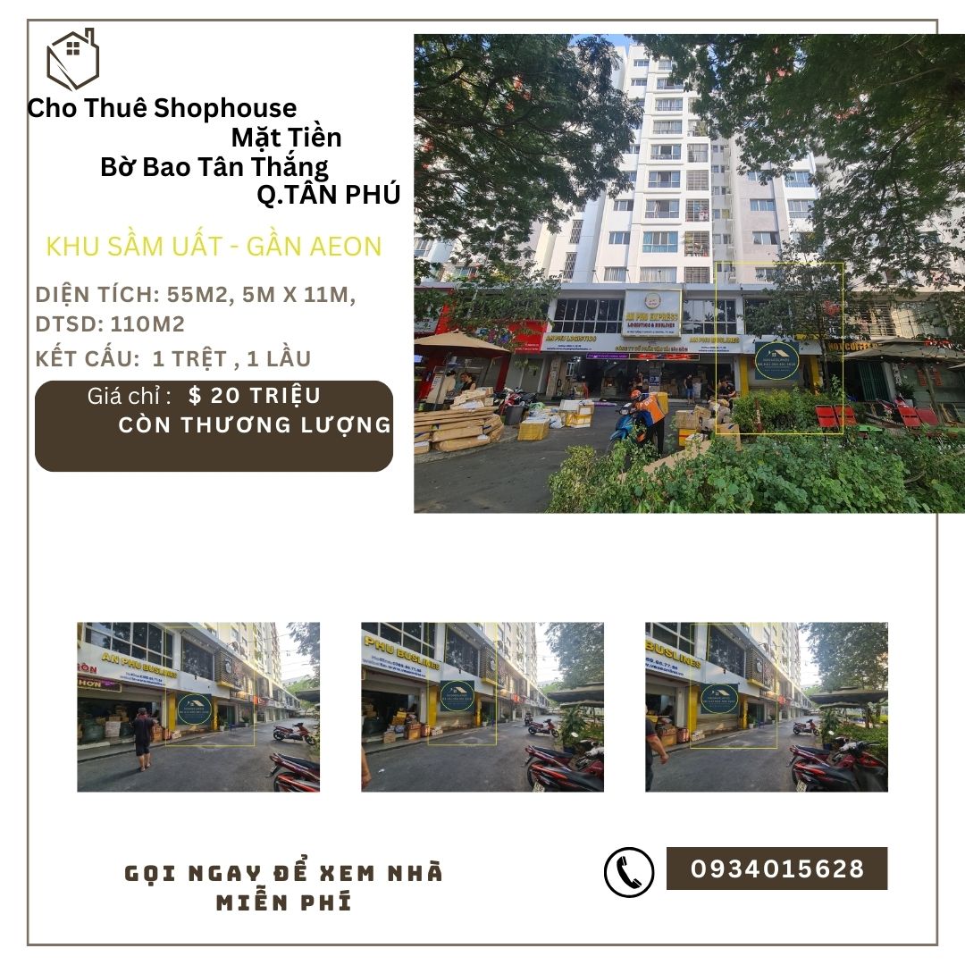 Cho thuê Shophouse Mặt Tiền Bờ Bao Tân Thắng 55m2, 1Lầu, SÁT AEON
