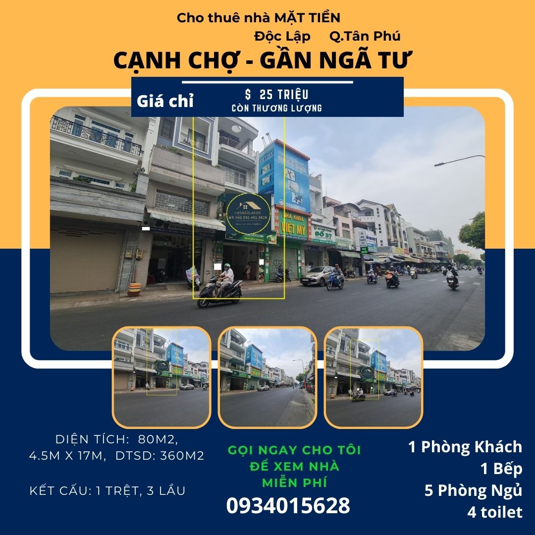 Cho thuê nhà Mặt Tiền Độc Lập 76m2, 3 Lầu, 25 triệu, cạnh Chợ