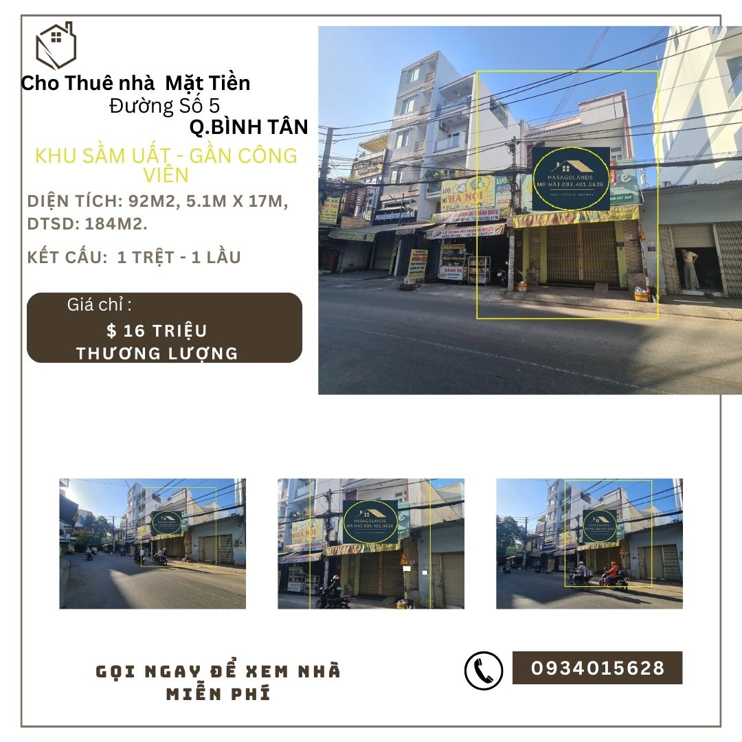 Cho thuê nhà Mặt Tiền Đường số5 92m2, 1 LẦU, 16 triệu