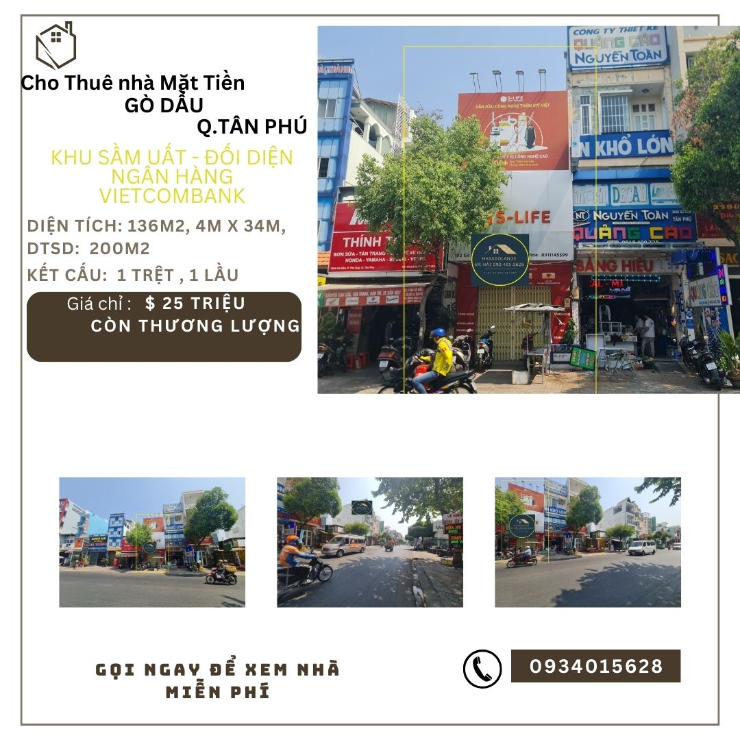 Cho thuê nhà Mặt tiền Gò Dầu 136m2, 1Lầu, 25Triệu - gần N.Hàng VietcomBank