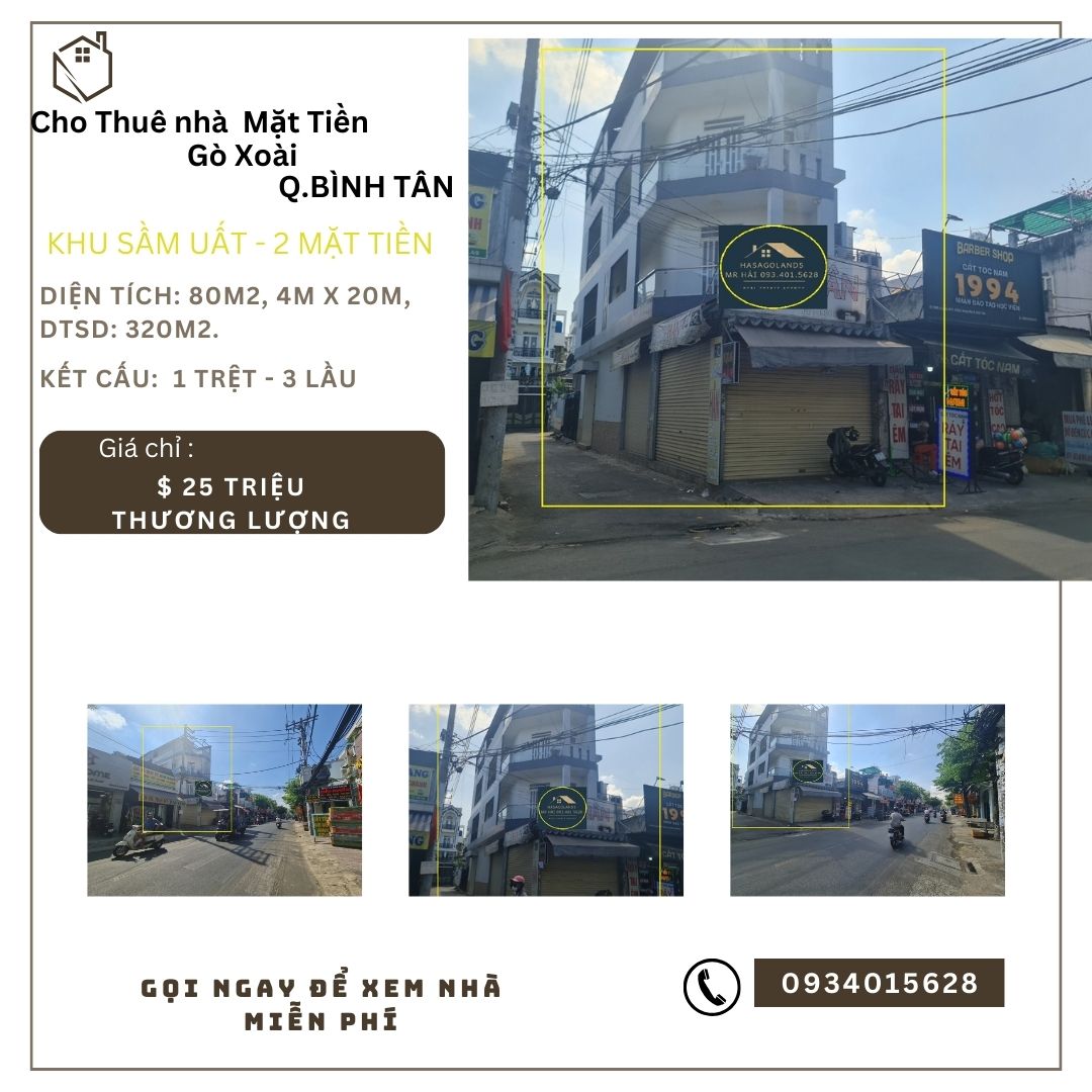 Cho thuê nhà 2 Mặt Tiền Gò Xoài 80m2, 3LẦU , 25 triệu