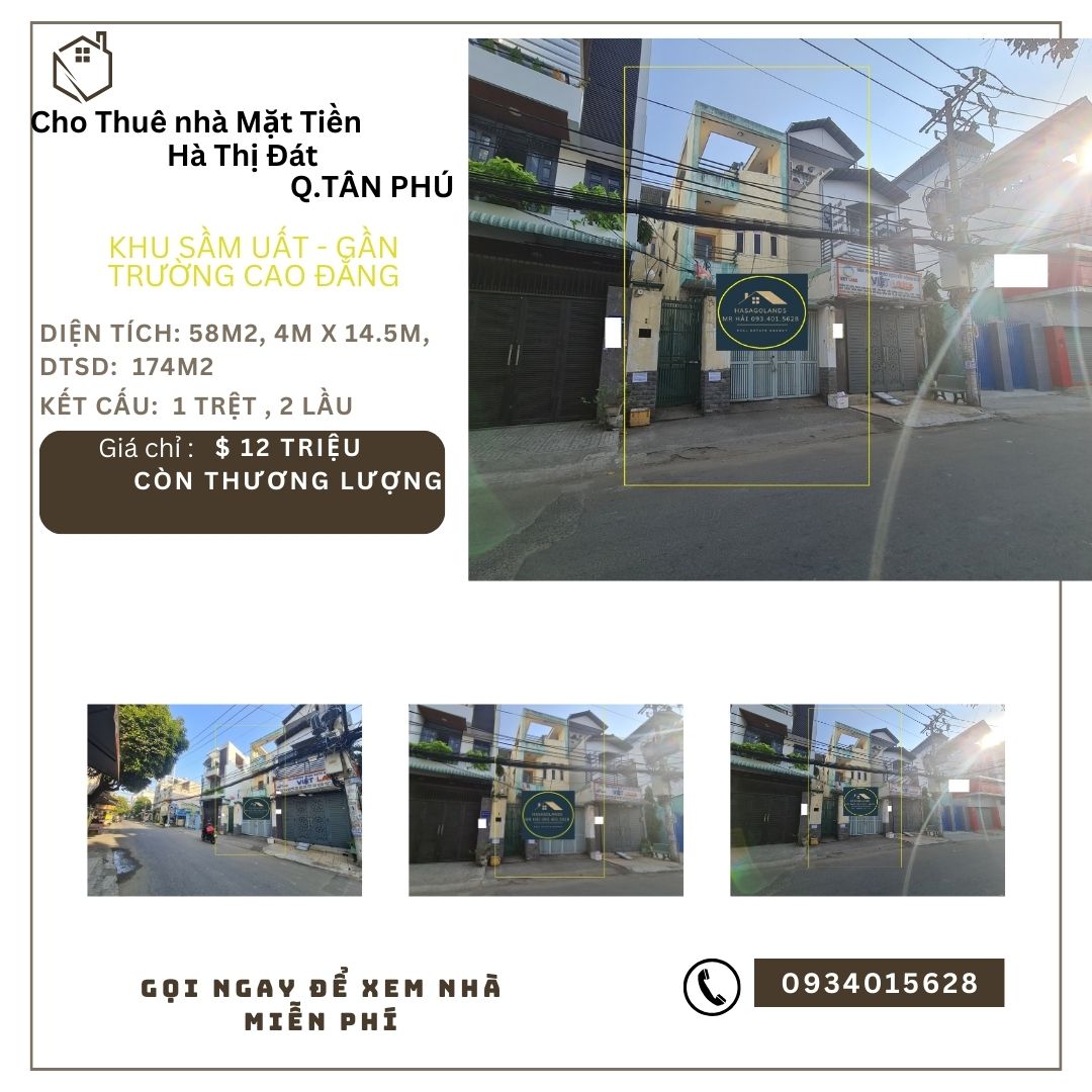 Cho thuê nhà Mặt tiền Cầu Xéo 58m2, 2 Lầu, 12 triệu - gần trường Cao Đẳng
