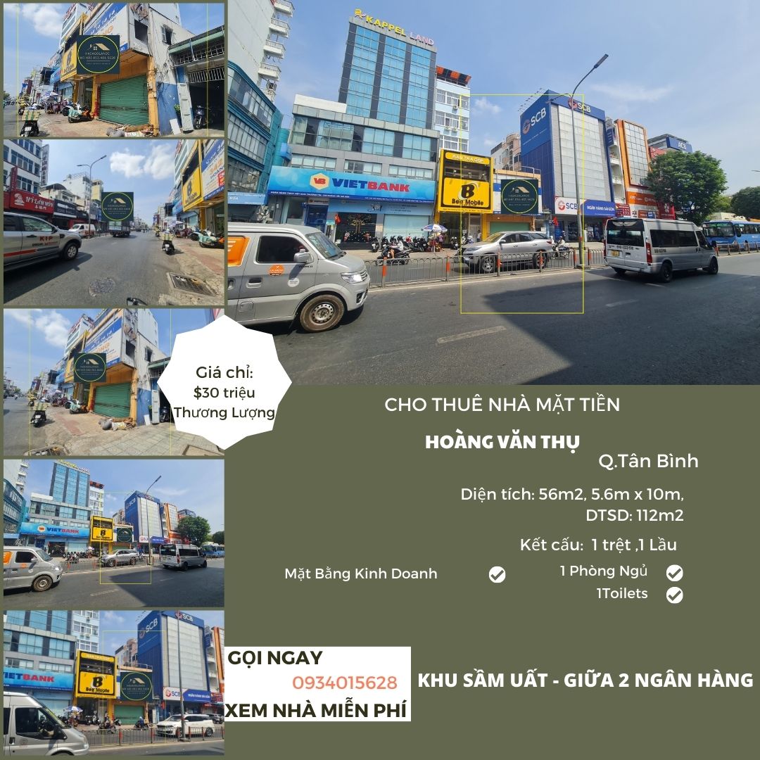 Cho thuê nhà Mặt Tiền Hoàng Văn Thụ, 56m2, 1 Lầu, 30 triệu, cạnh Ngân Hàng