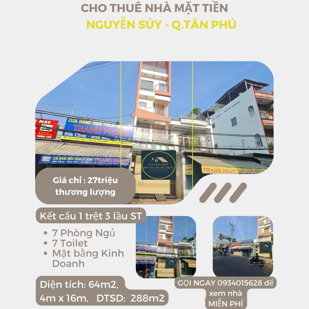 Cho thuê nhà Mặt Tiền Nguyễn Súy 64m2, 3Lầu+ST, 27Triệu, gần CHỢ Tân Hương