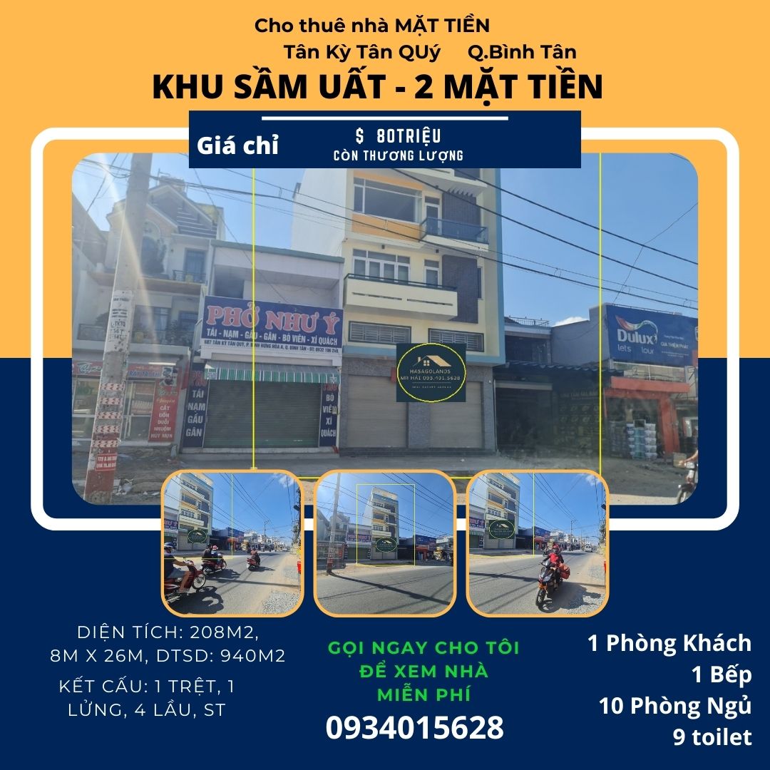 Cho thuê nhà 2 Mặt Tiền Tân Kỳ Tân Quý 208m2, 5 LẦU - KHU SẦM UẤT