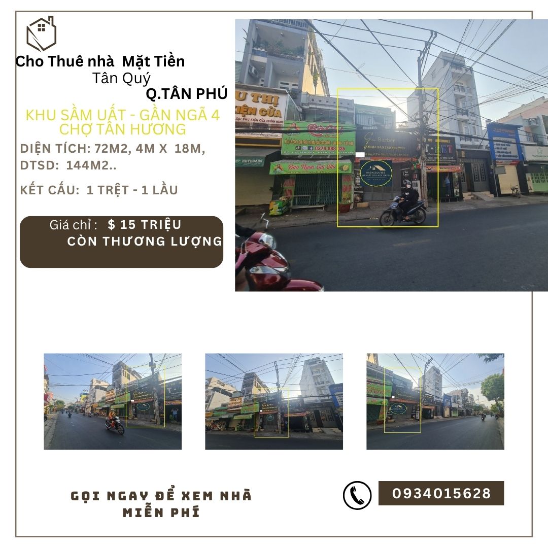 Cho thuê nhà Mặt Tiền Tân Quý 72m2, 1 LẦU, 15 triệu, gần chợ TÂN HƯƠNG